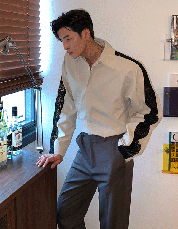 雨波浪蕾絲配色襯衫