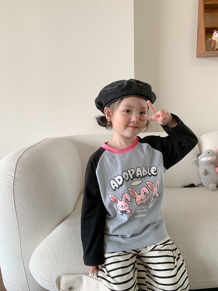 兔寶寶拼色上衣/條紋褲