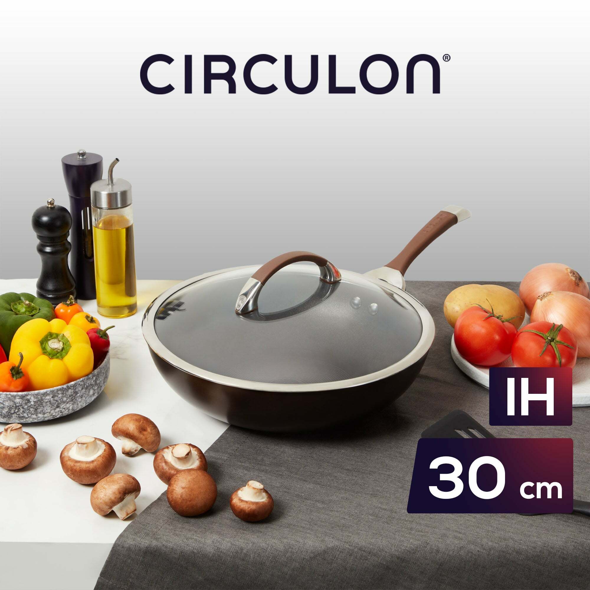 《CIRCULON 黑鑽巧克力系列》IH圈圈鍋減油鎖水鍋紋不沾鍋 30.5CM炒鍋 (含蓋)