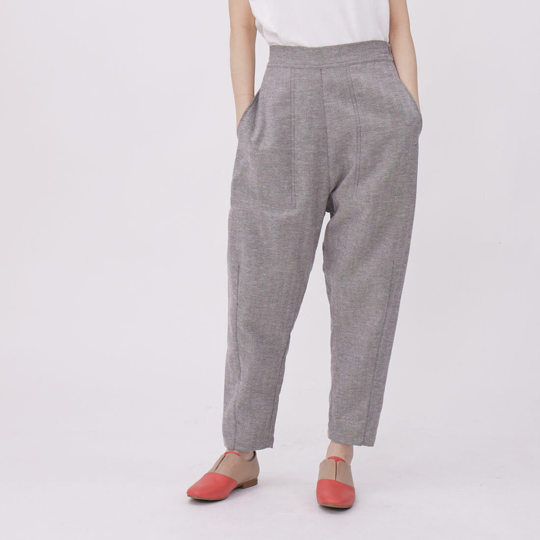 Matt口袋剪接後腰鬆緊低檔褲/灰棕