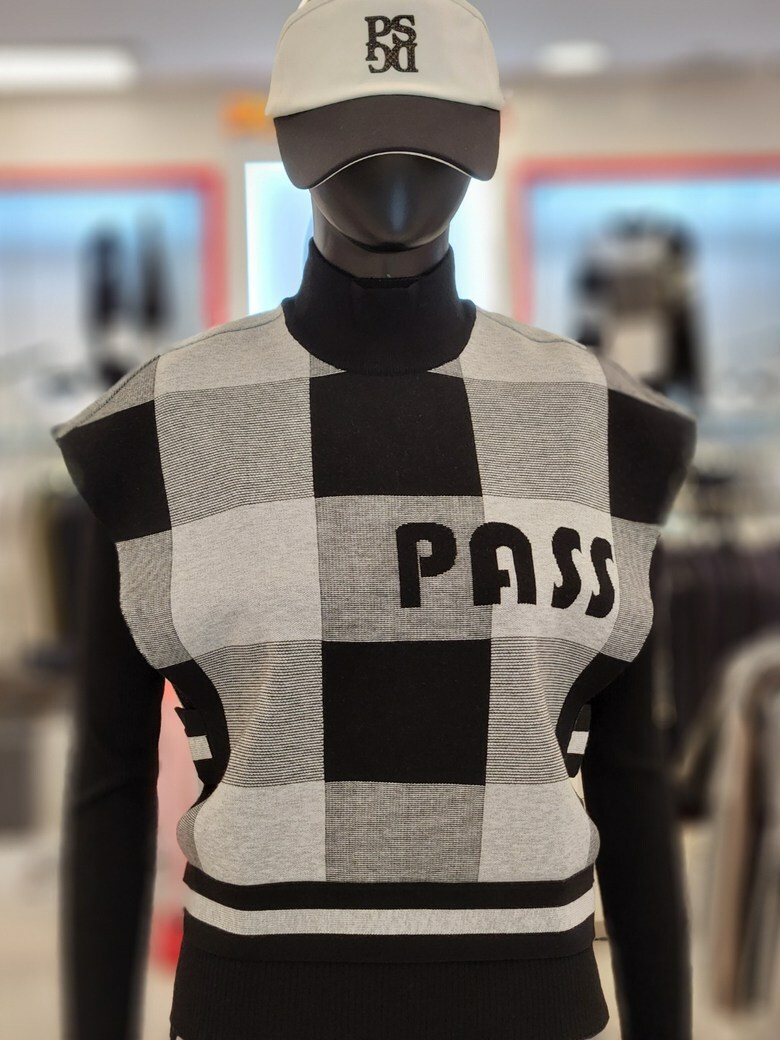 女 303M韓國Passardi 高球品牌正品折扣/春秋冬款 經典格紋印花字母彈性針織背心/高爾夫球衣 高爾夫球外套 雜誌推薦款