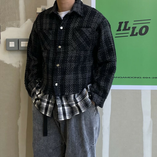 粗花呢層疊式格紋襯衫夾克