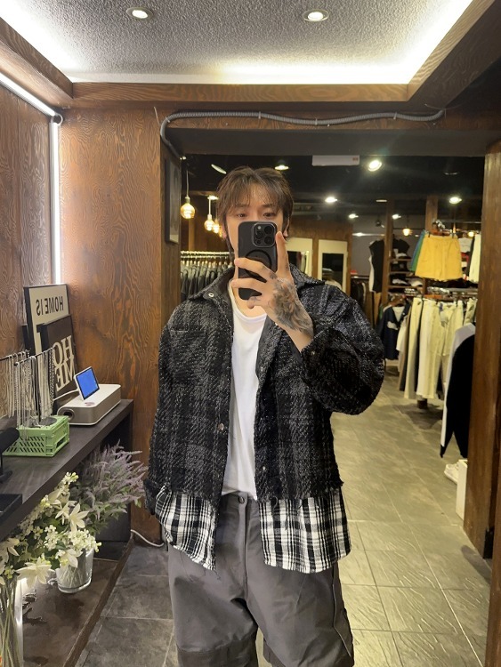 粗花呢層疊式格紋襯衫夾克