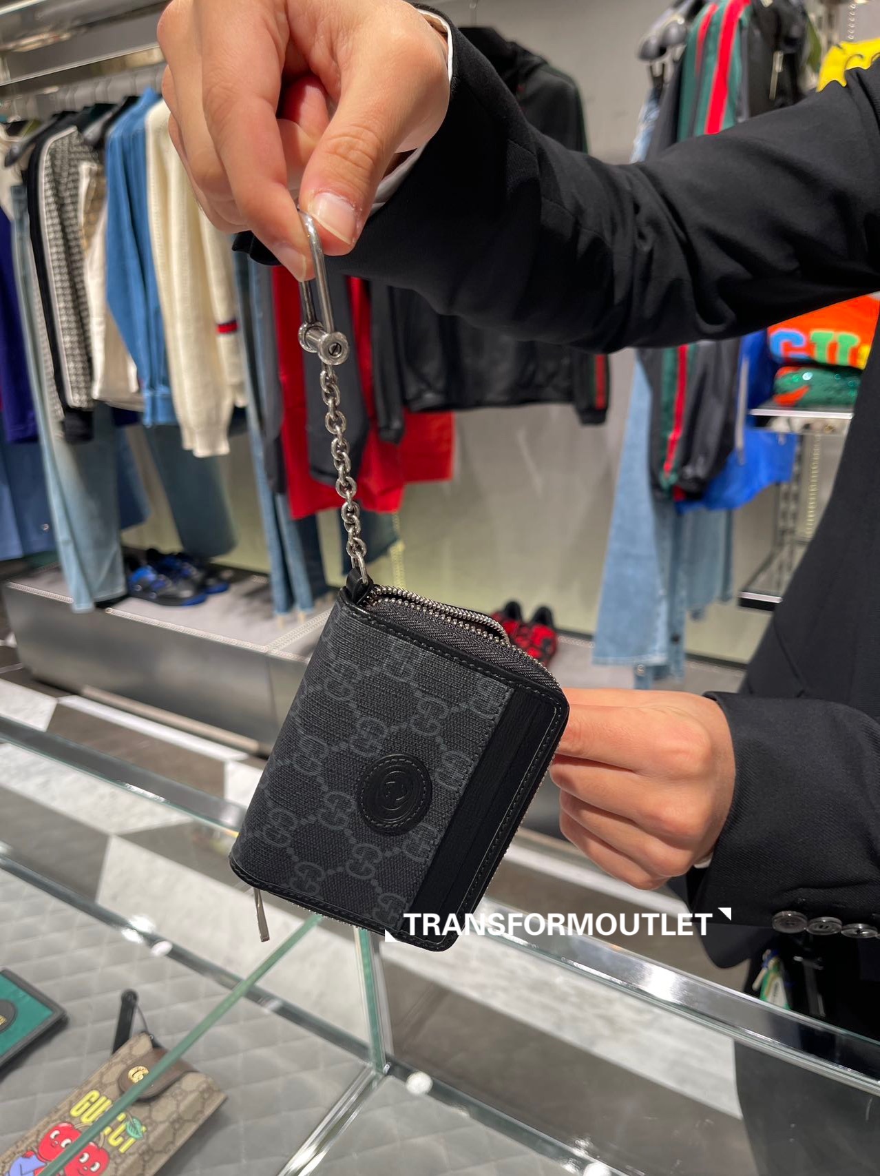 Gucci Wallet-supreme拉鍊多功能卡包帶鎖匙扣 - Black