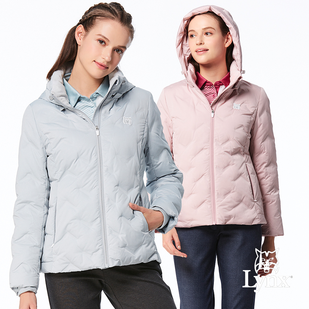 【Lynx Golf】女款保暖舒適羽絨壓紋設計後腰矽膠標造型隱形拉鍊口袋長袖可拆式連帽外套