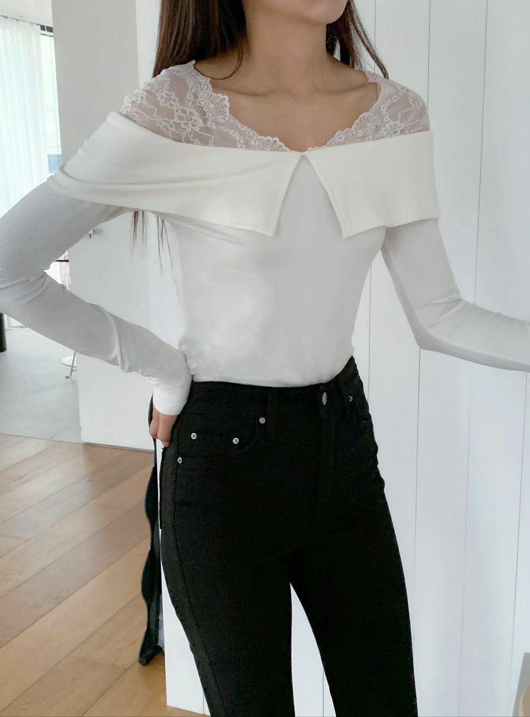 TOP#14157🤎LACE WRAPPING SHOULDER BLOUSE