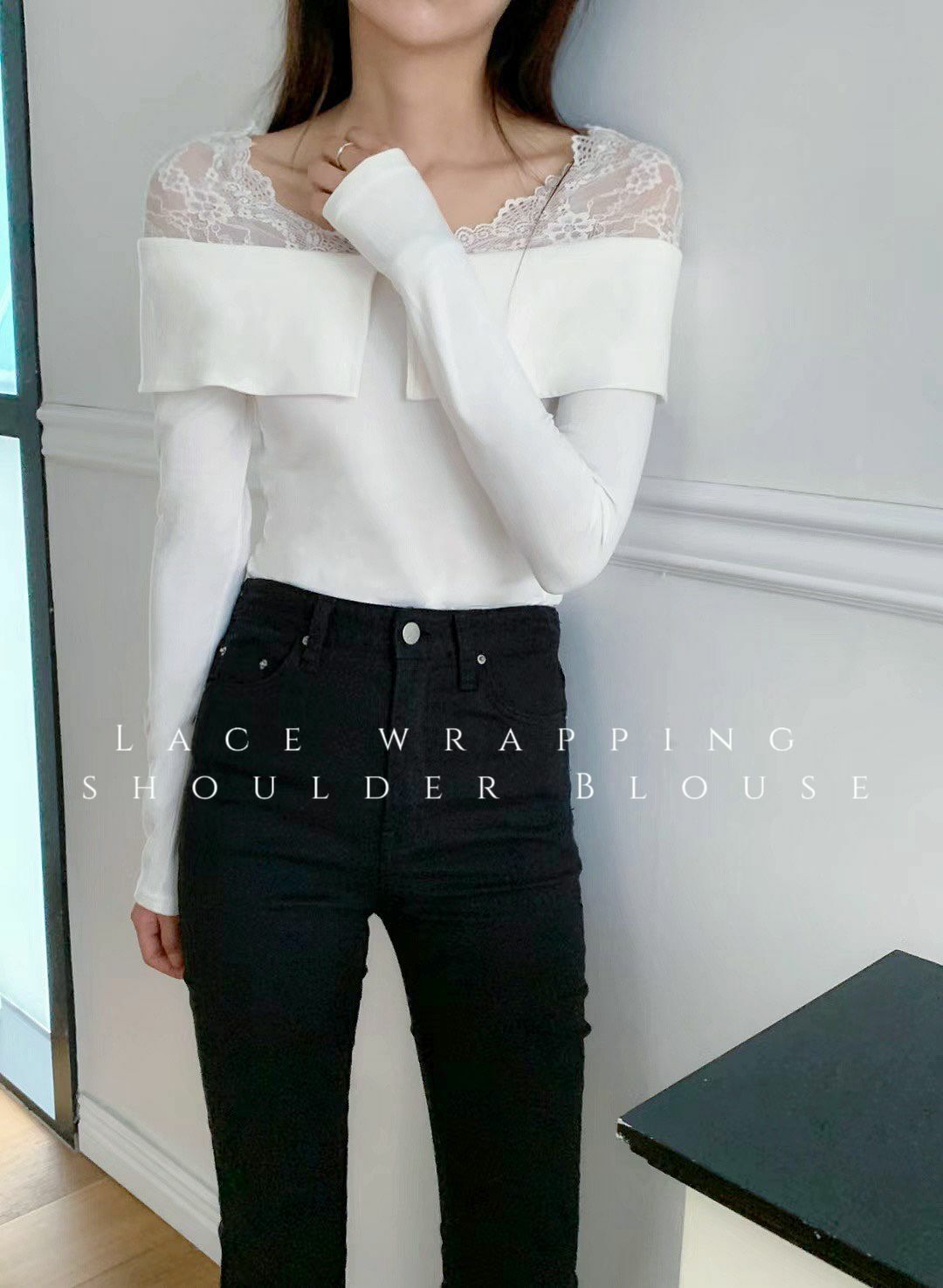 TOP#14157🤎LACE WRAPPING SHOULDER BLOUSE