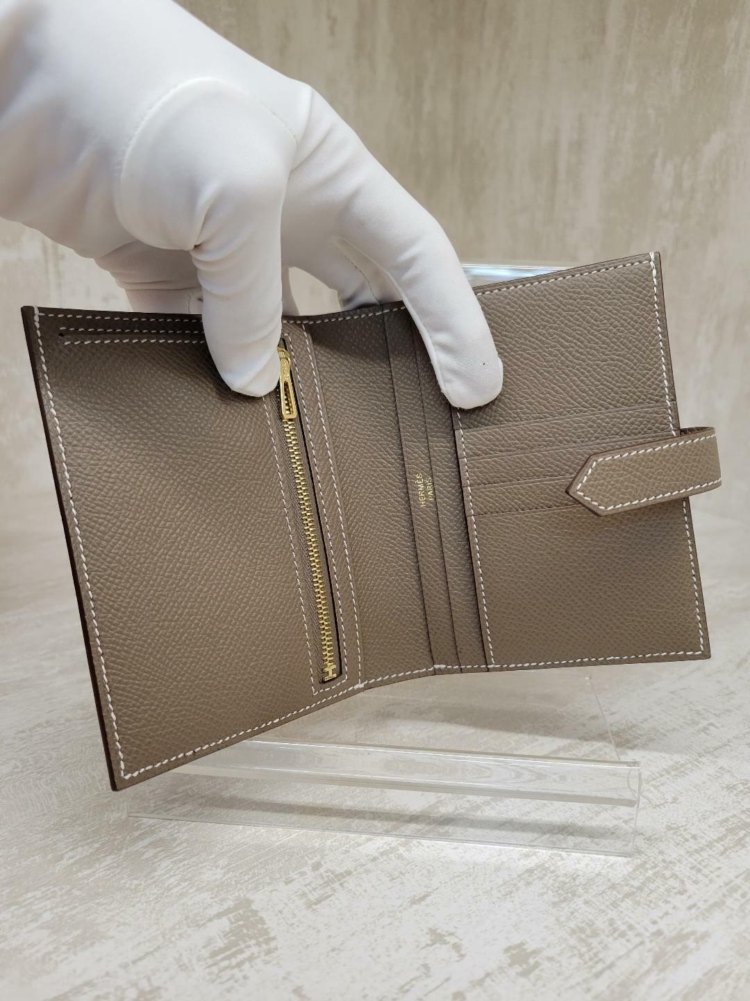 HERMES Bearn compact wallet Etoupe CC EPSOM 大象灰 金扣 短銀包