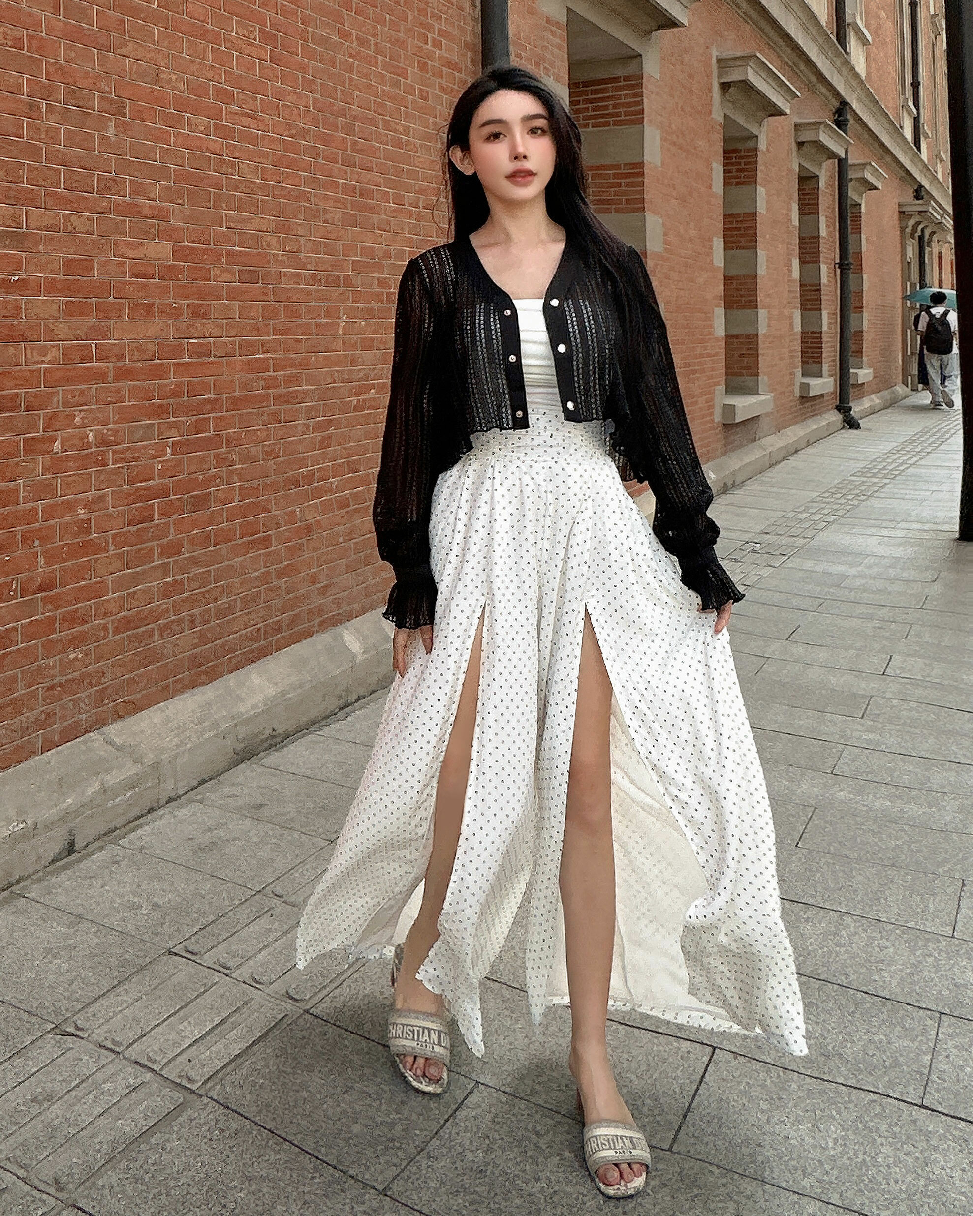 ⭒訂製-圓點雪紡抓皺雙開衩長褲