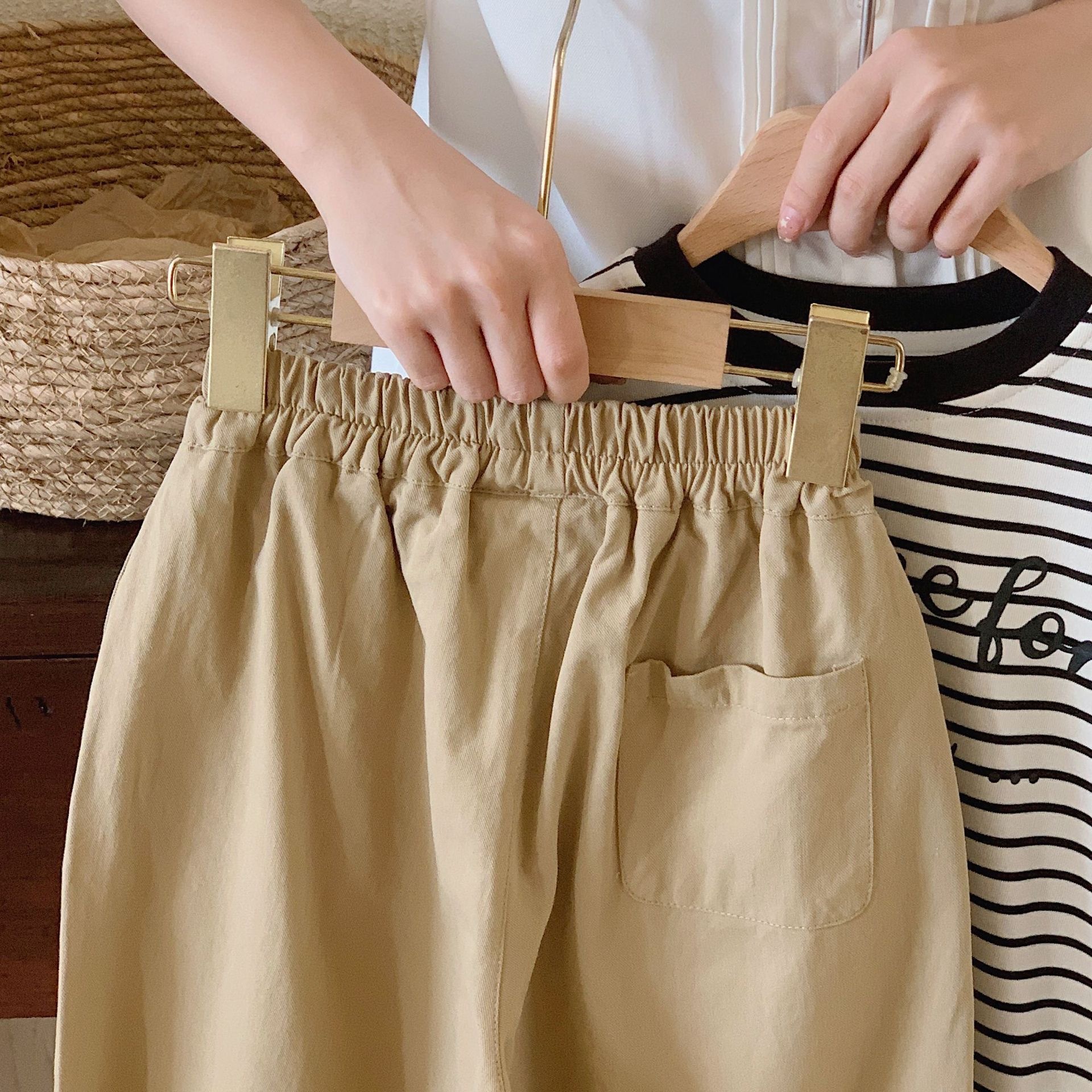 百搭三色鬆緊工裝長褲