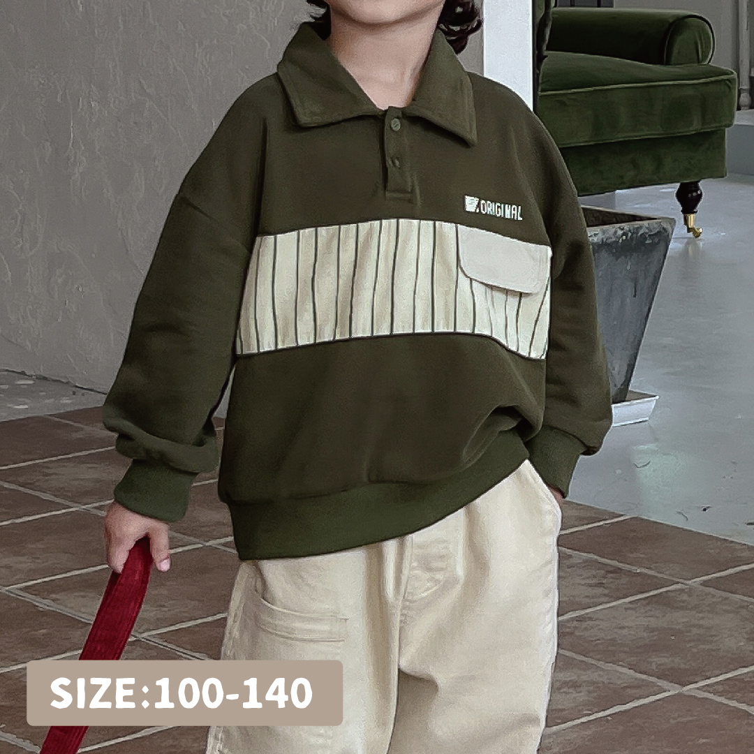 【H35050】直條拼接軍綠翻領上衣