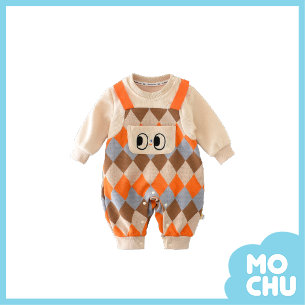 大眼睛撞色格子針織連身衣