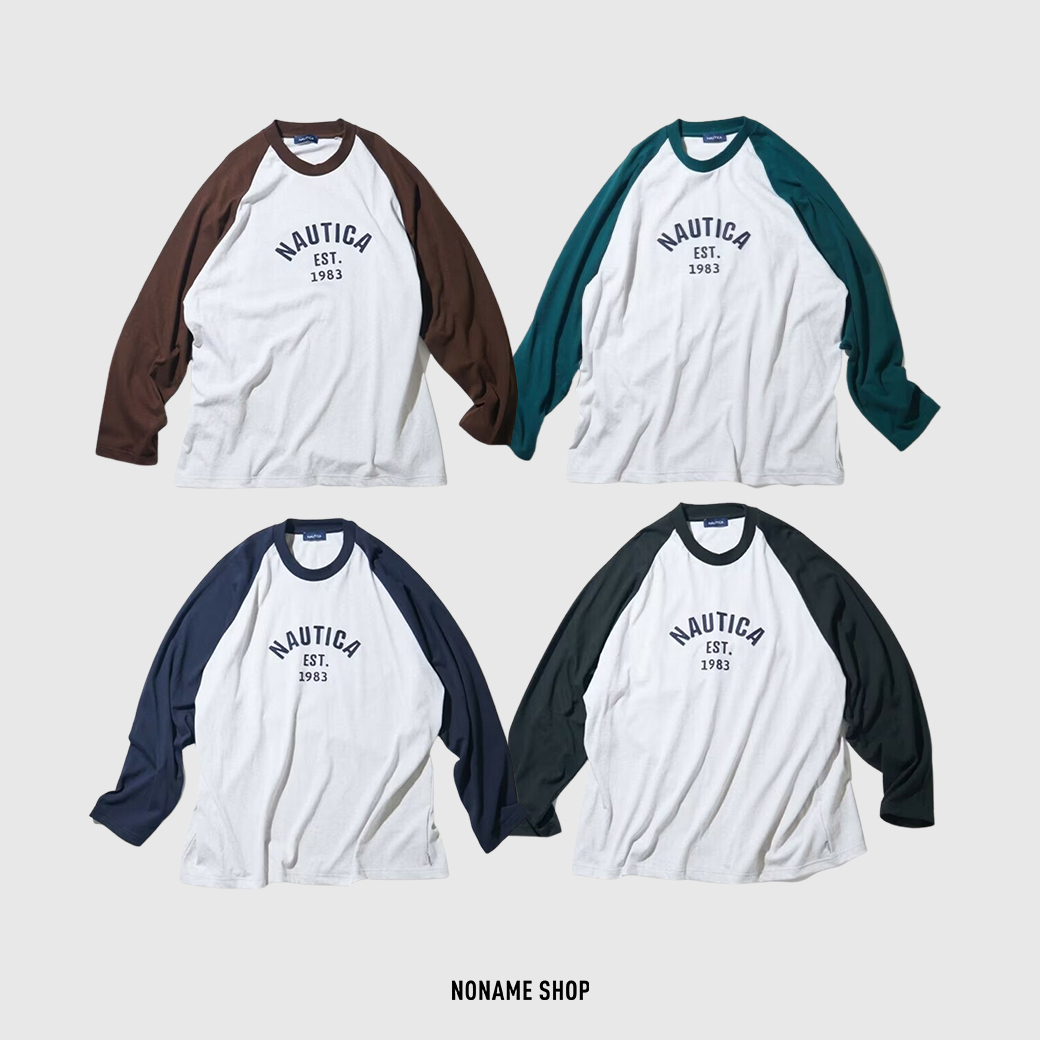 NAUTICA FELT PATCH ARCH LOGO RAGLAN 小LOGO 拼接 薄長袖 四色 (男款)