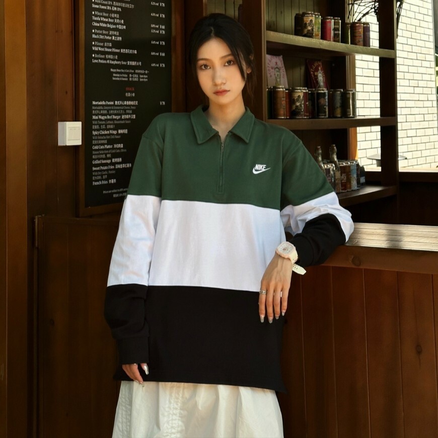 Nike Club Shirts 長袖條紋衛衣 半拉鍊 白灰黑 復古綠 撞色 刺繡小勾 重磅