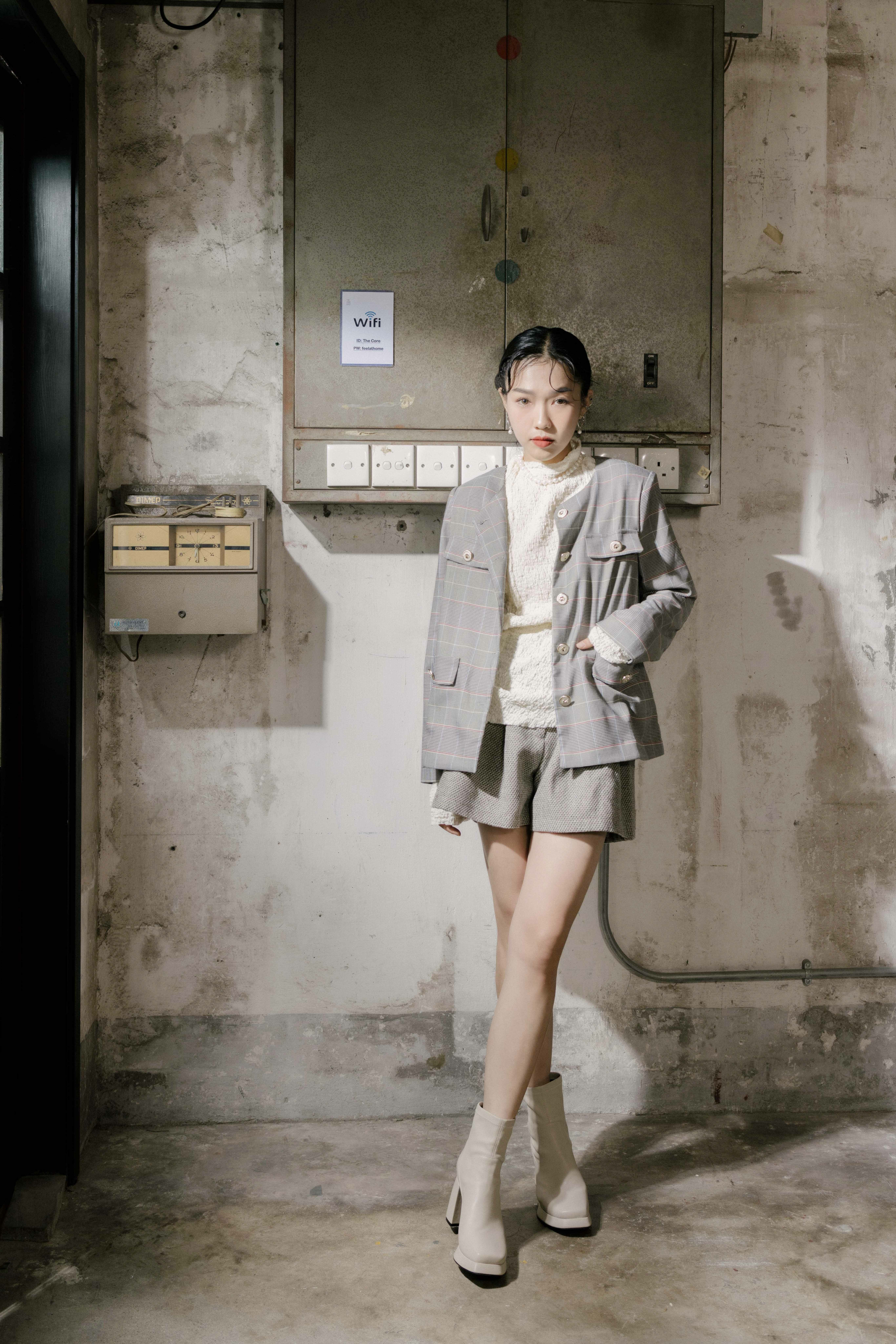 古著風千鳥混格圓領西裝外套（現貨款式）