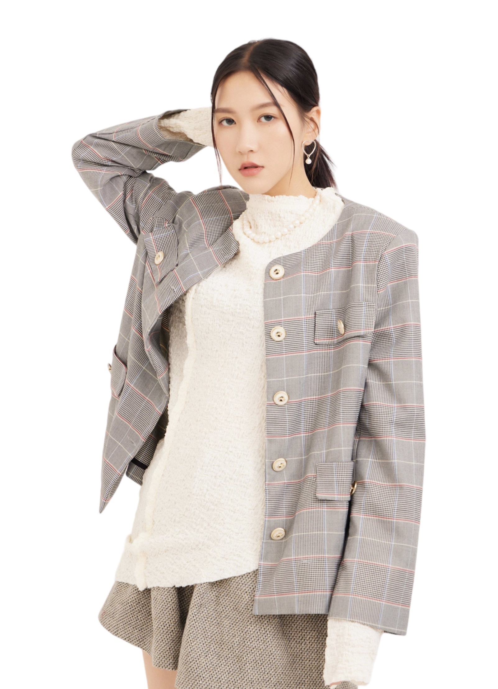 古著風千鳥混格圓領西裝外套（現貨款式）