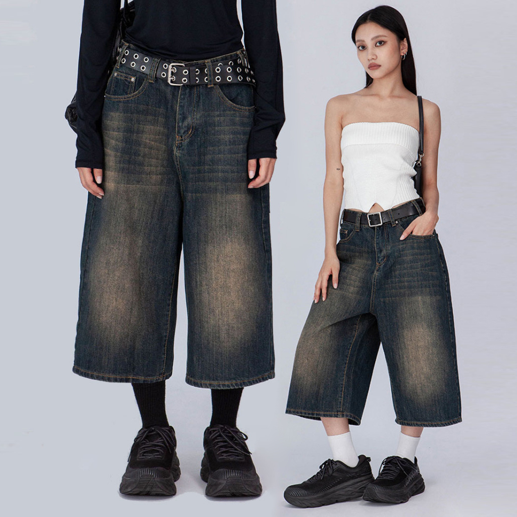 做舊寬管七分牛仔褲