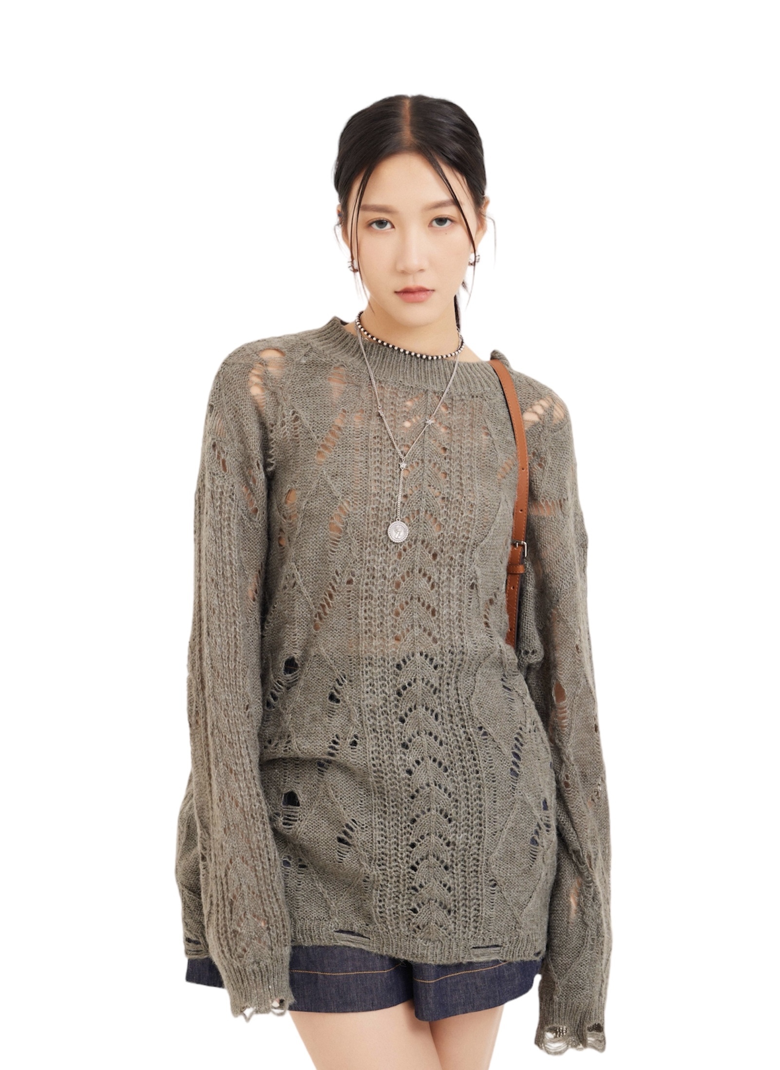 溶爛感扭繩紋薄morhair針織上衣（現貨款式）