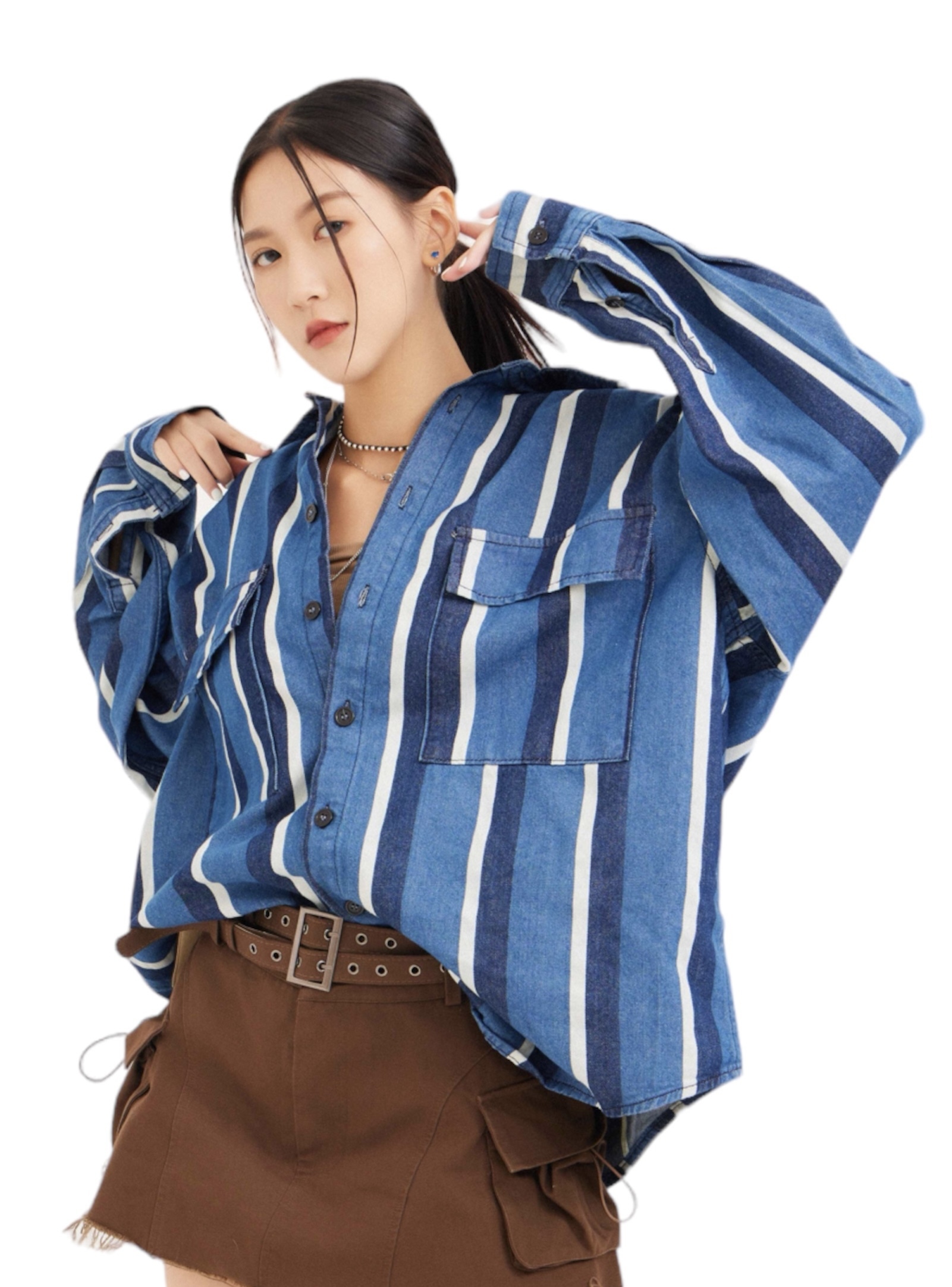 混色直條牛仔恤衫（現貨款式）