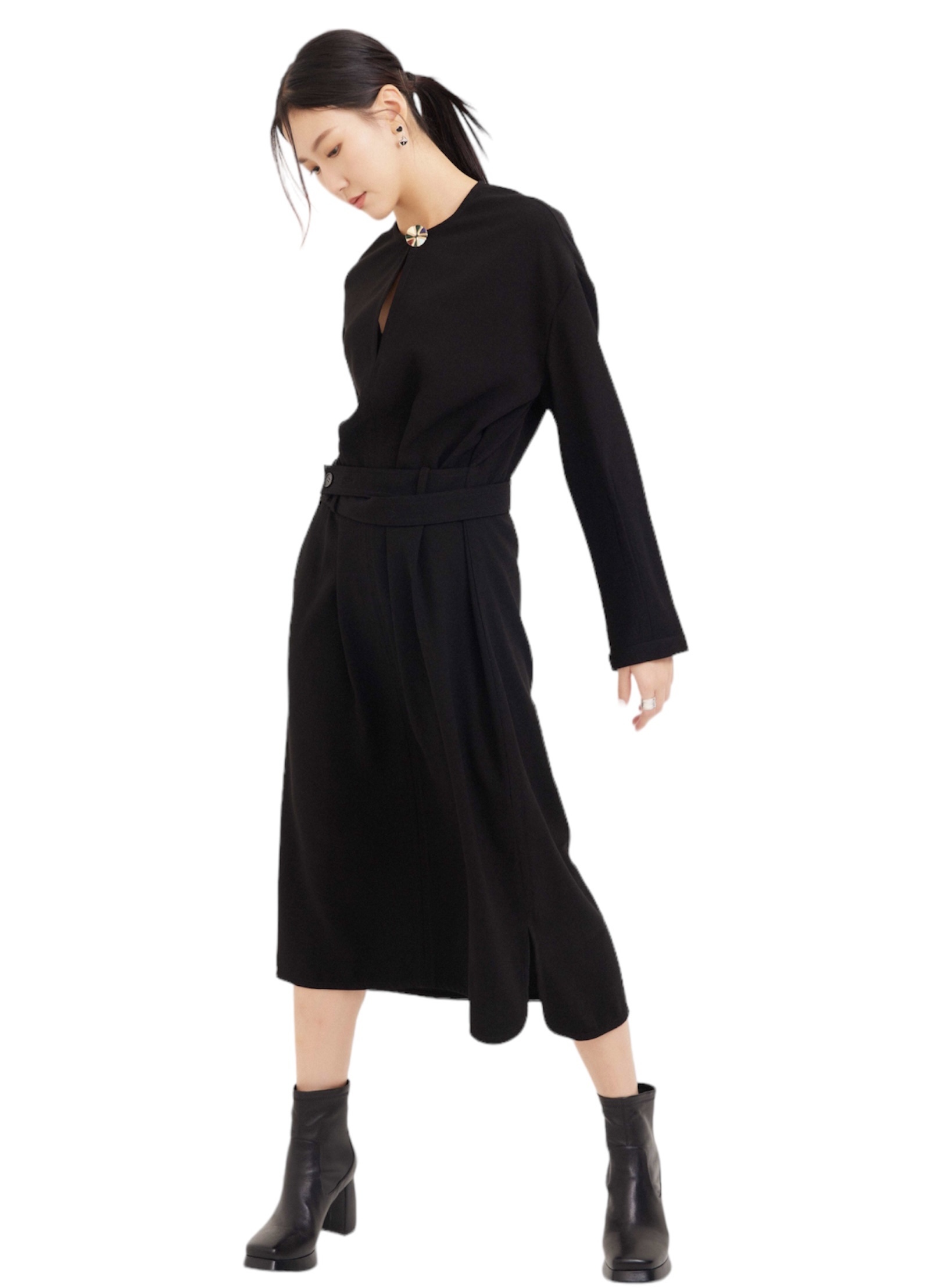 復古鈕扣綁腰帶連身裙（現貨款式）