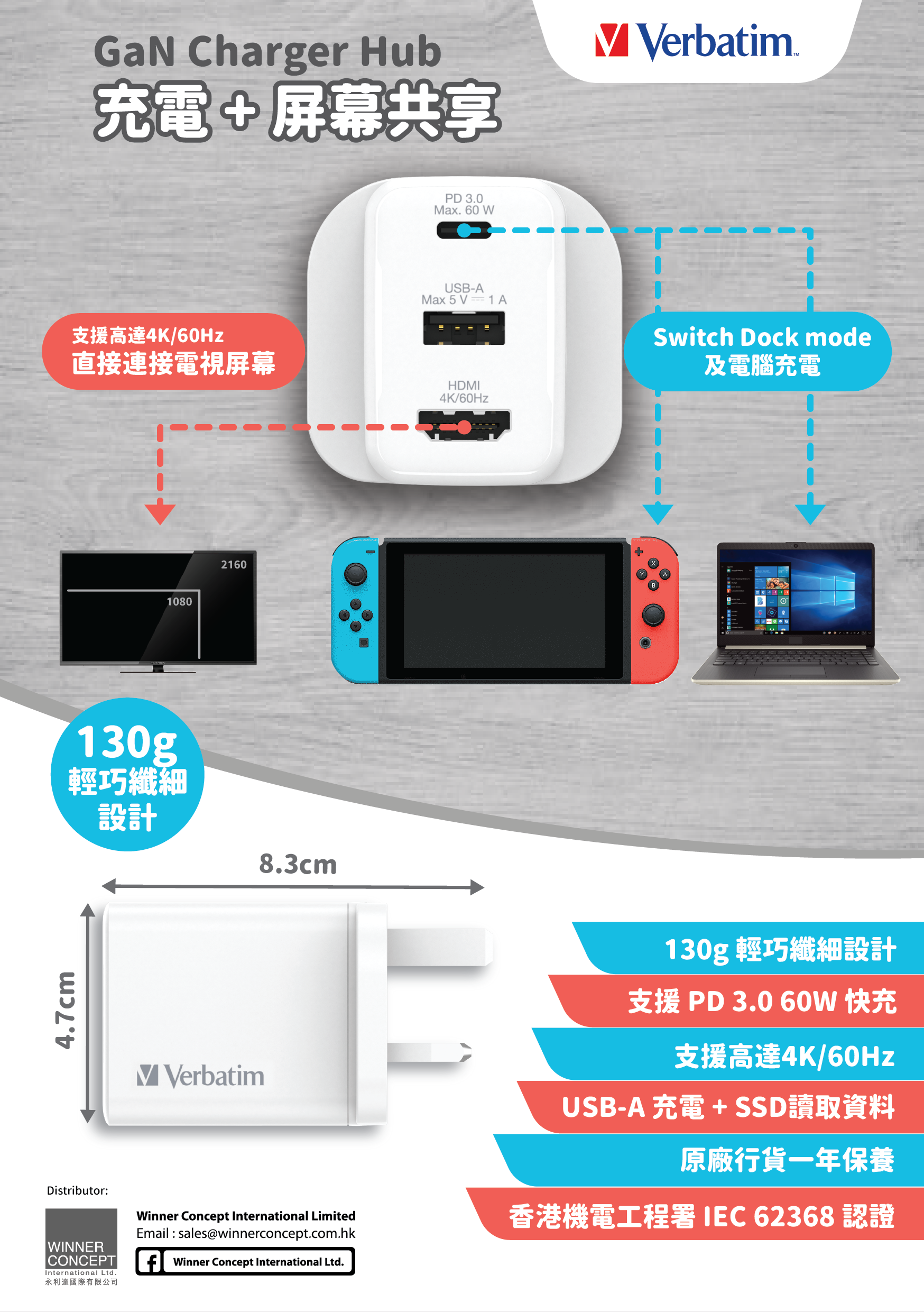 (預訂23年10月中) 【Verbatim 充電+屏幕共享GaN Charger Hub】