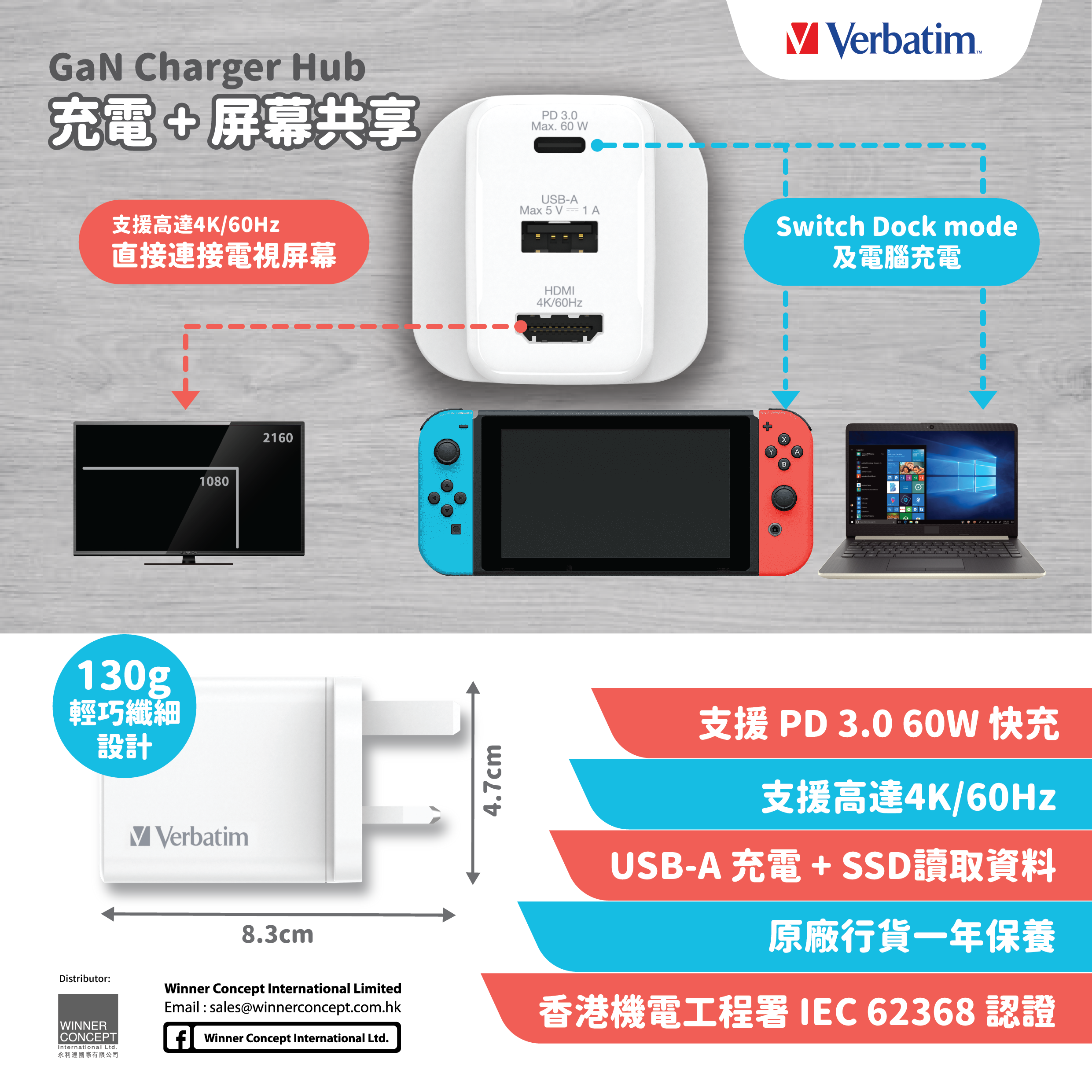 (預訂23年10月中) 【Verbatim 充電+屏幕共享GaN Charger Hub】
