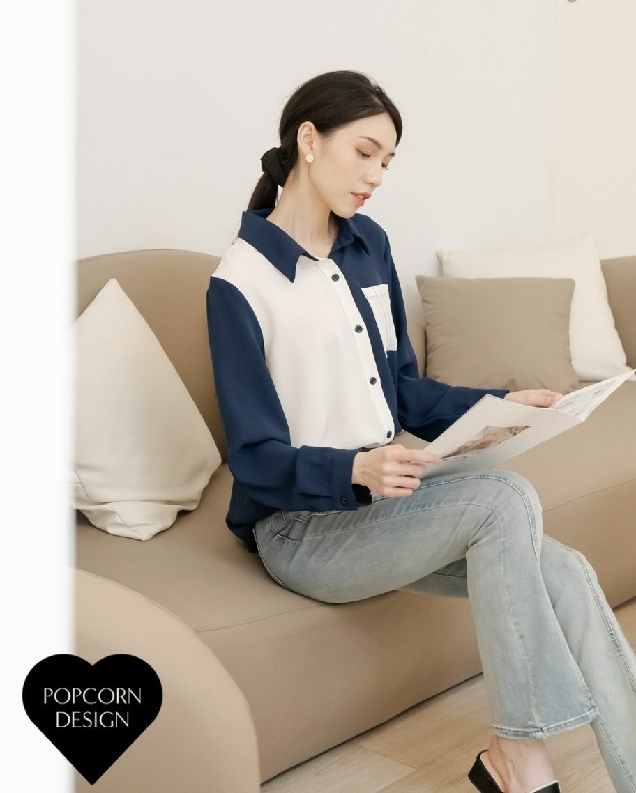 撞色後挖空襯衫上衣-深藍