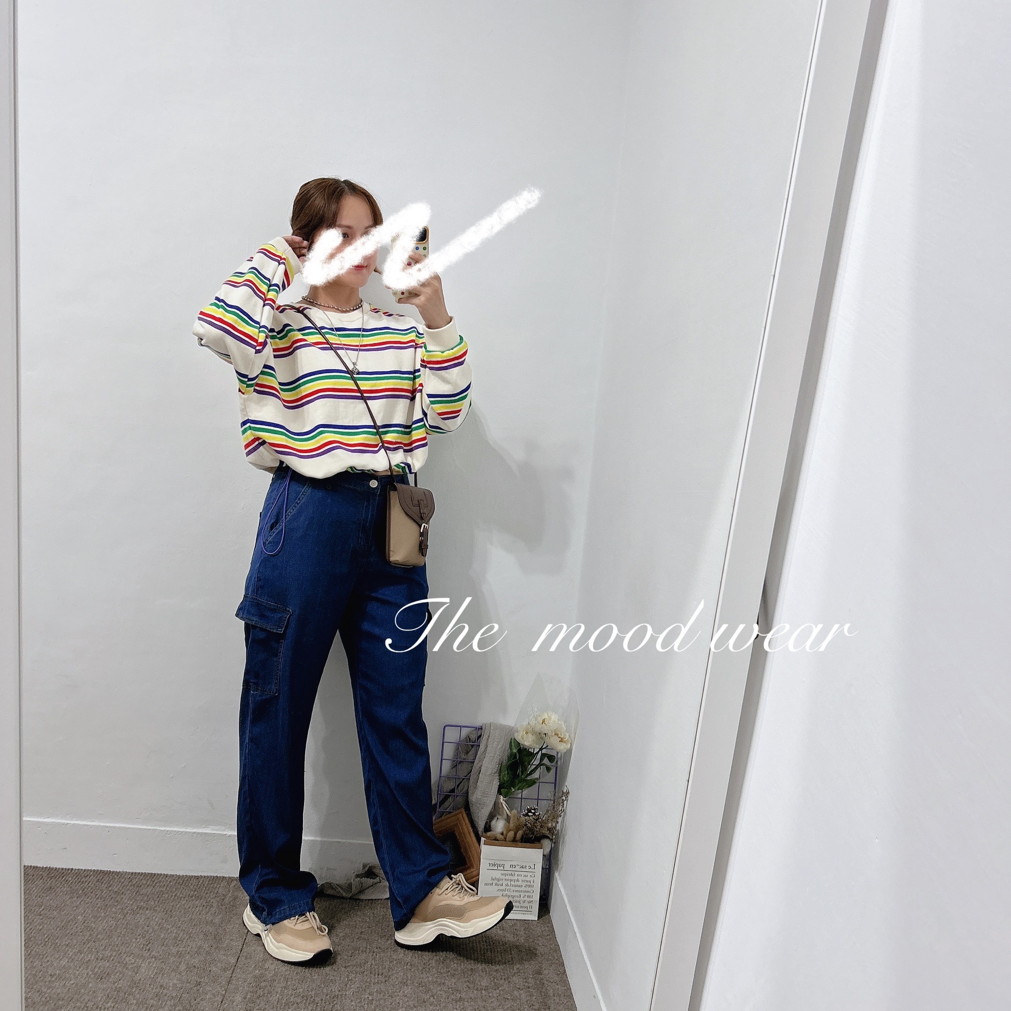 韓國超可愛彩虹條可縮口大學Ｔ