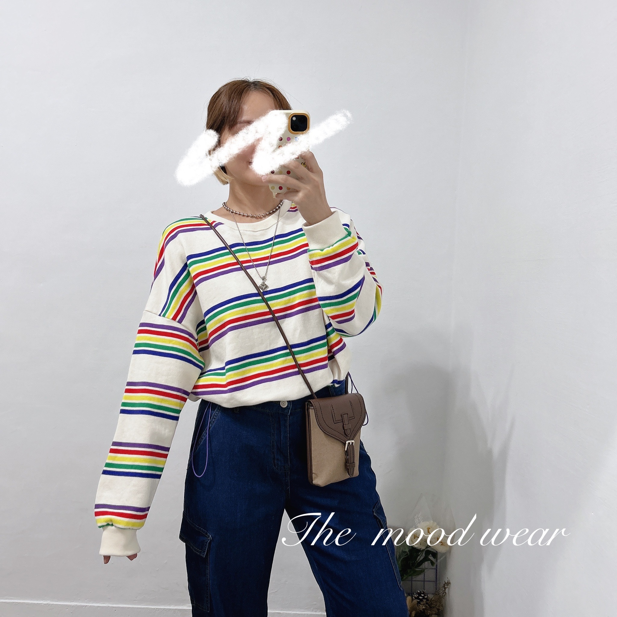 韓國超可愛彩虹條可縮口大學Ｔ