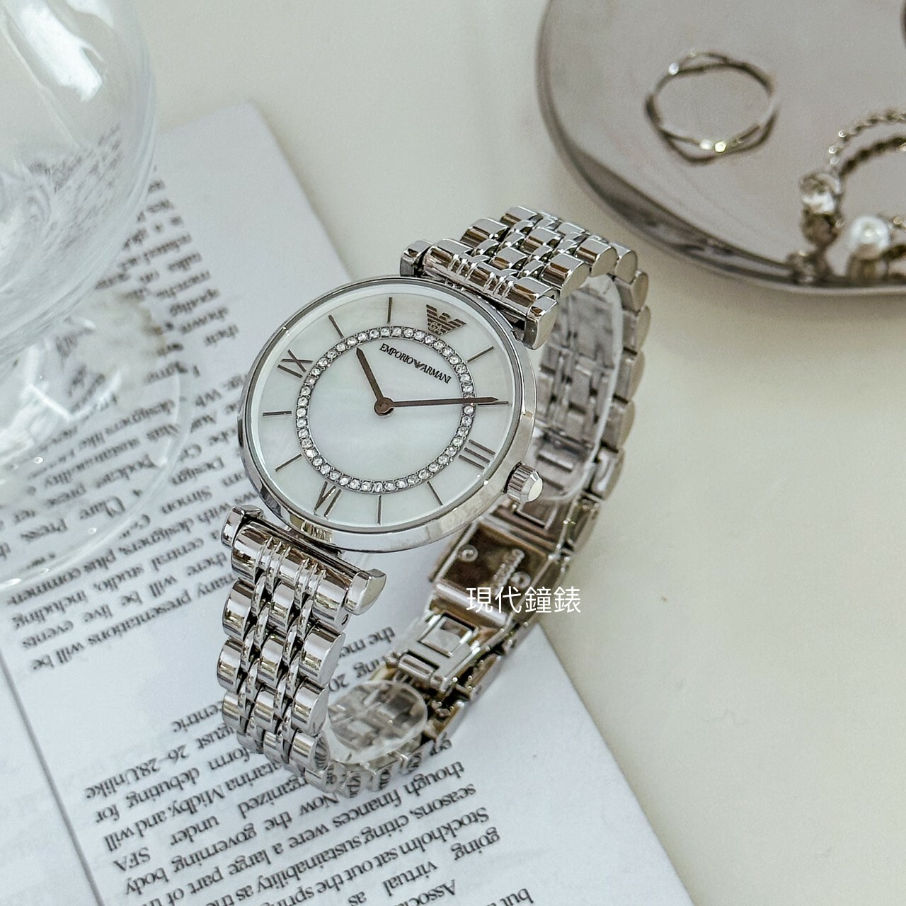 【EMPORIO ARMANI】典雅晶鑽時尚腕錶-銀色 AR1908 32mm 現代鐘錶