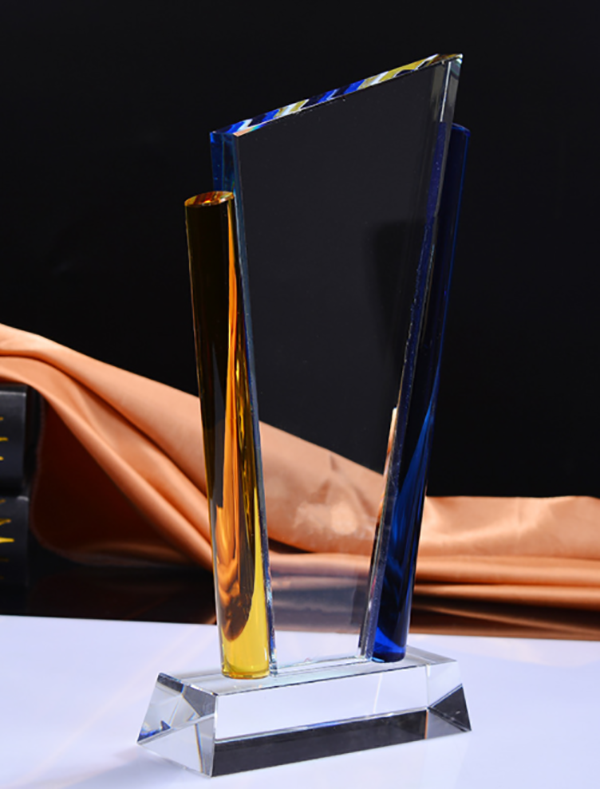 訂製藍黃柱水晶獎座 25CM 升級送激光刻字 CC6