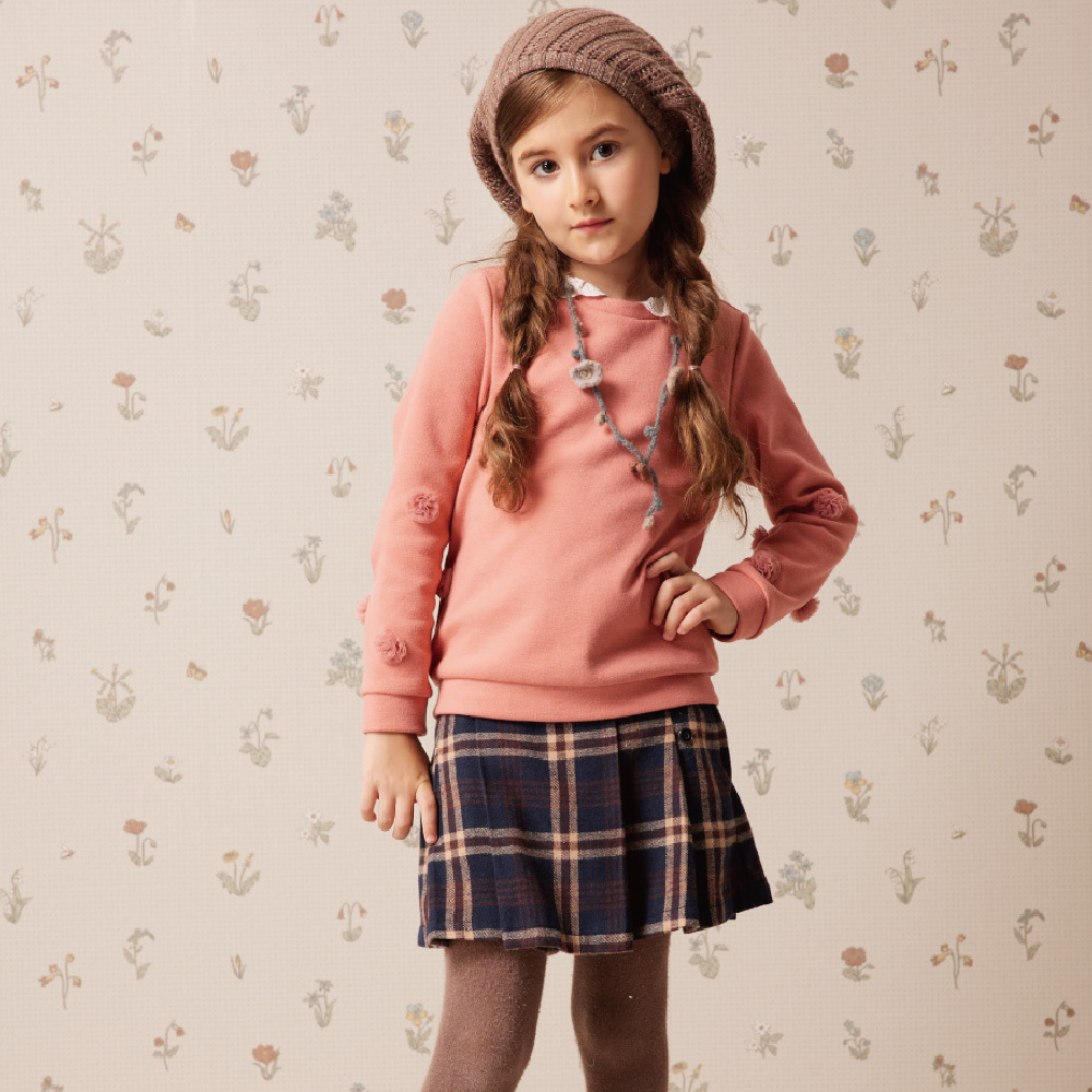 PIPPY 氣質立體蕾絲花圓領長袖上衣 粉桔/灰