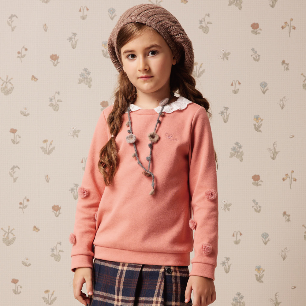 PIPPY 氣質立體蕾絲花圓領長袖上衣 粉桔/灰