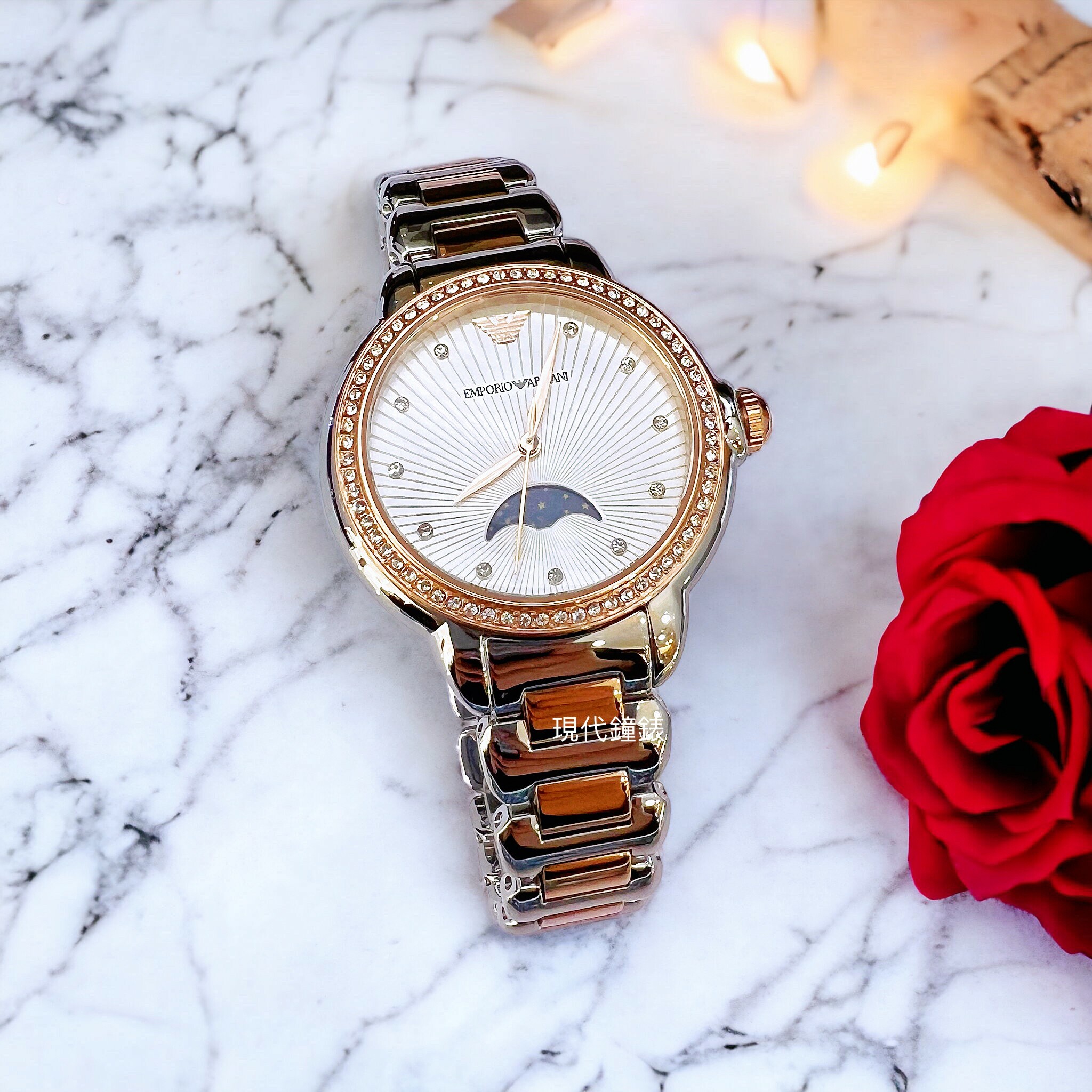 【EMPORIO ARMANI】Mia 波紋環鑚月相女錶 AR11567 32mm 現代鐘錶