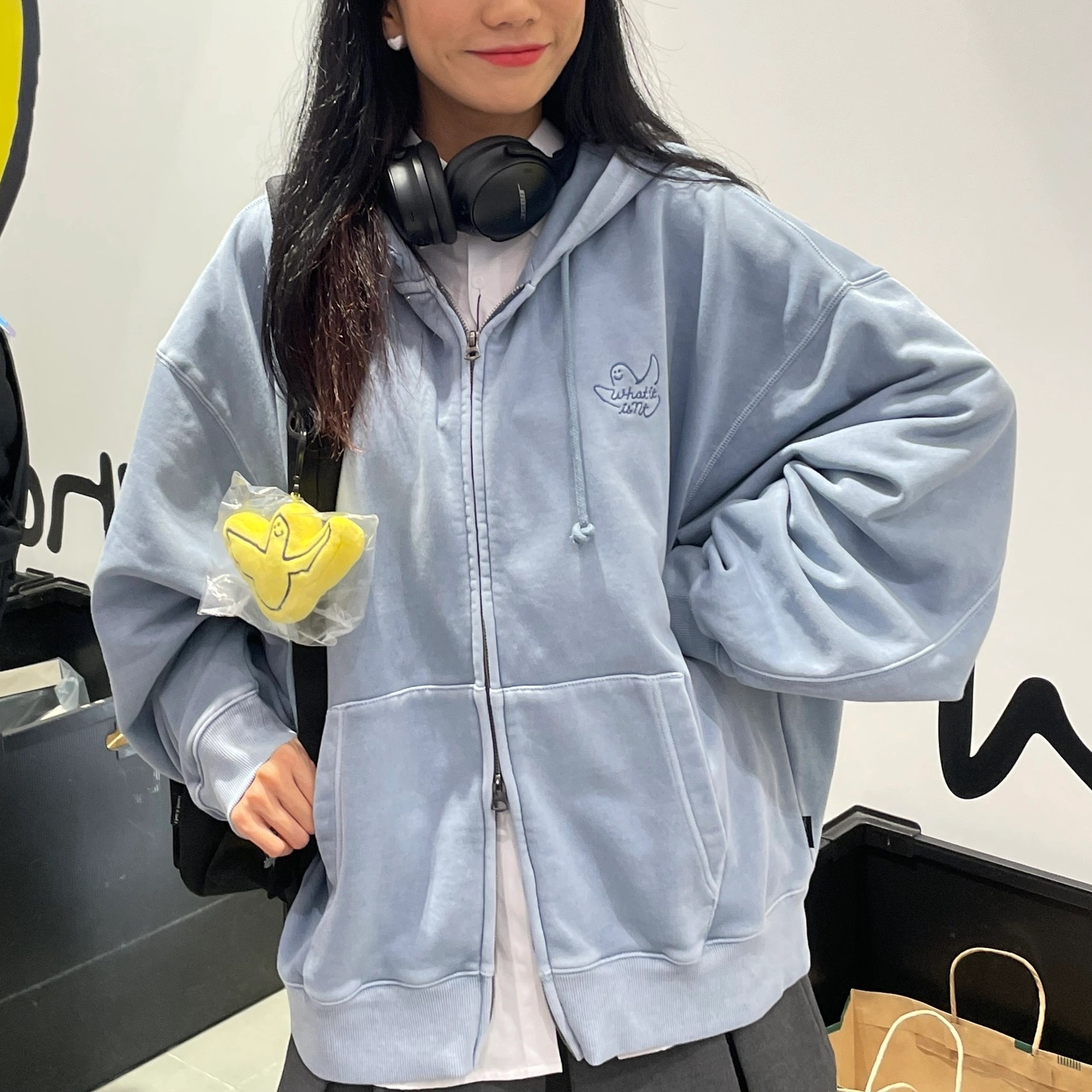🇰🇷 WHATITISNT 小天使 小飛人 水洗外套 連帽外套 雙拉鍊 刺繡 霧霾藍 / 現貨✨