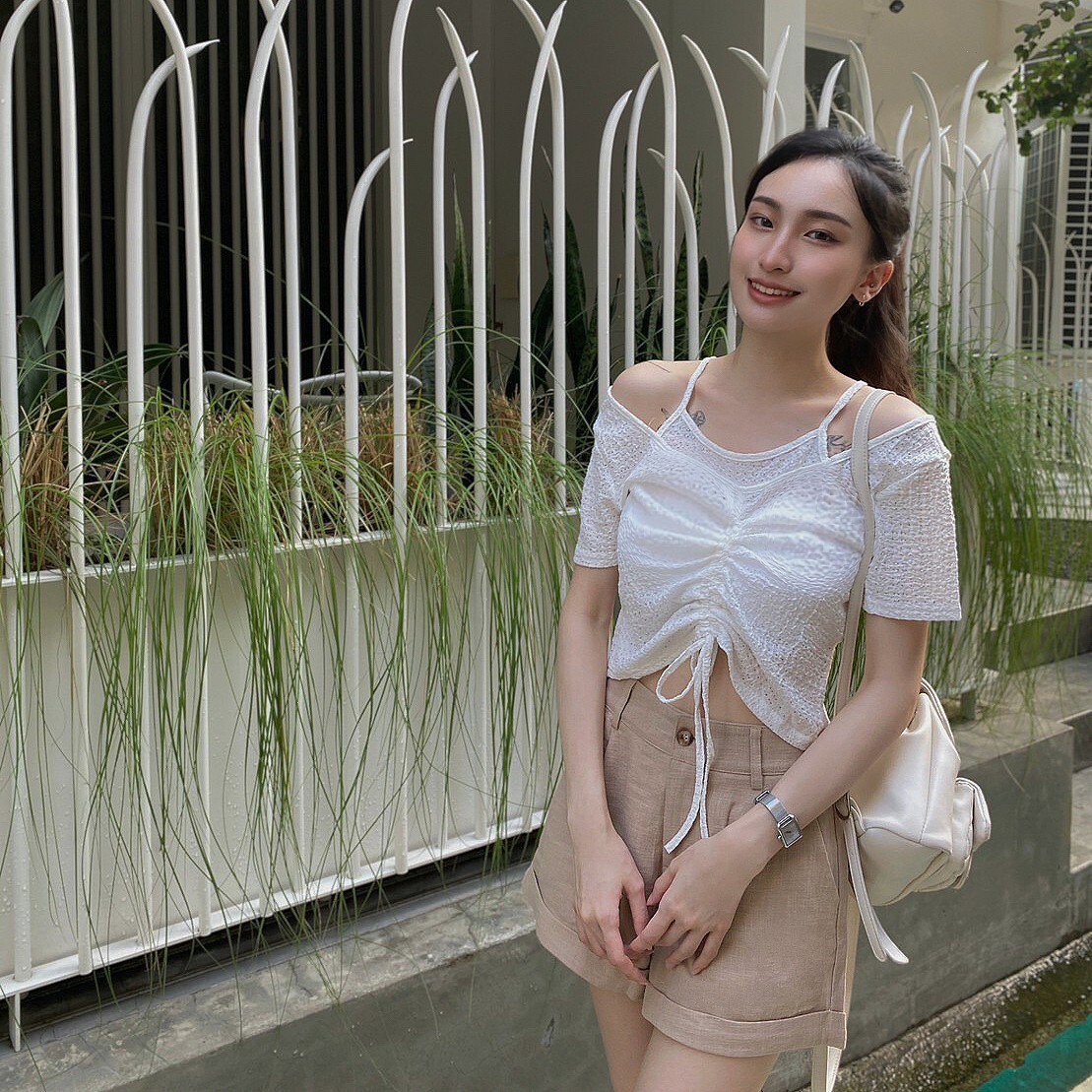 假兩件簍空抽繩上衣/二色