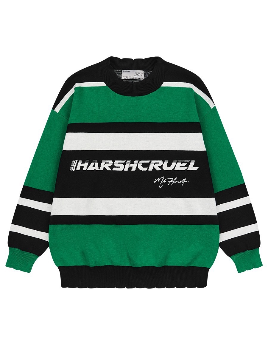 HARSH AND CRUEL 22FW 條紋破壞logo字體重磅圓領針織毛衣