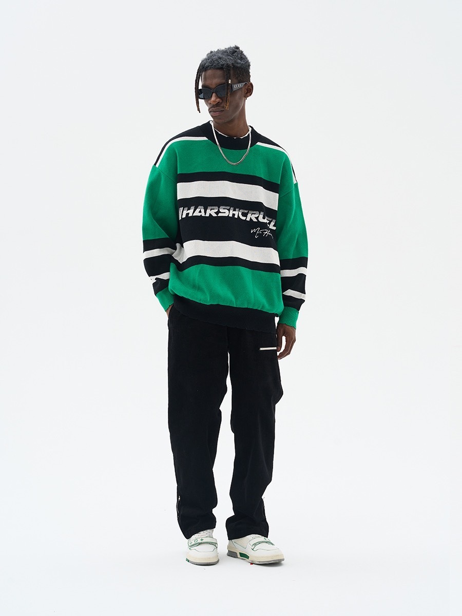 HARSH AND CRUEL 22FW 條紋破壞logo字體重磅圓領針織毛衣