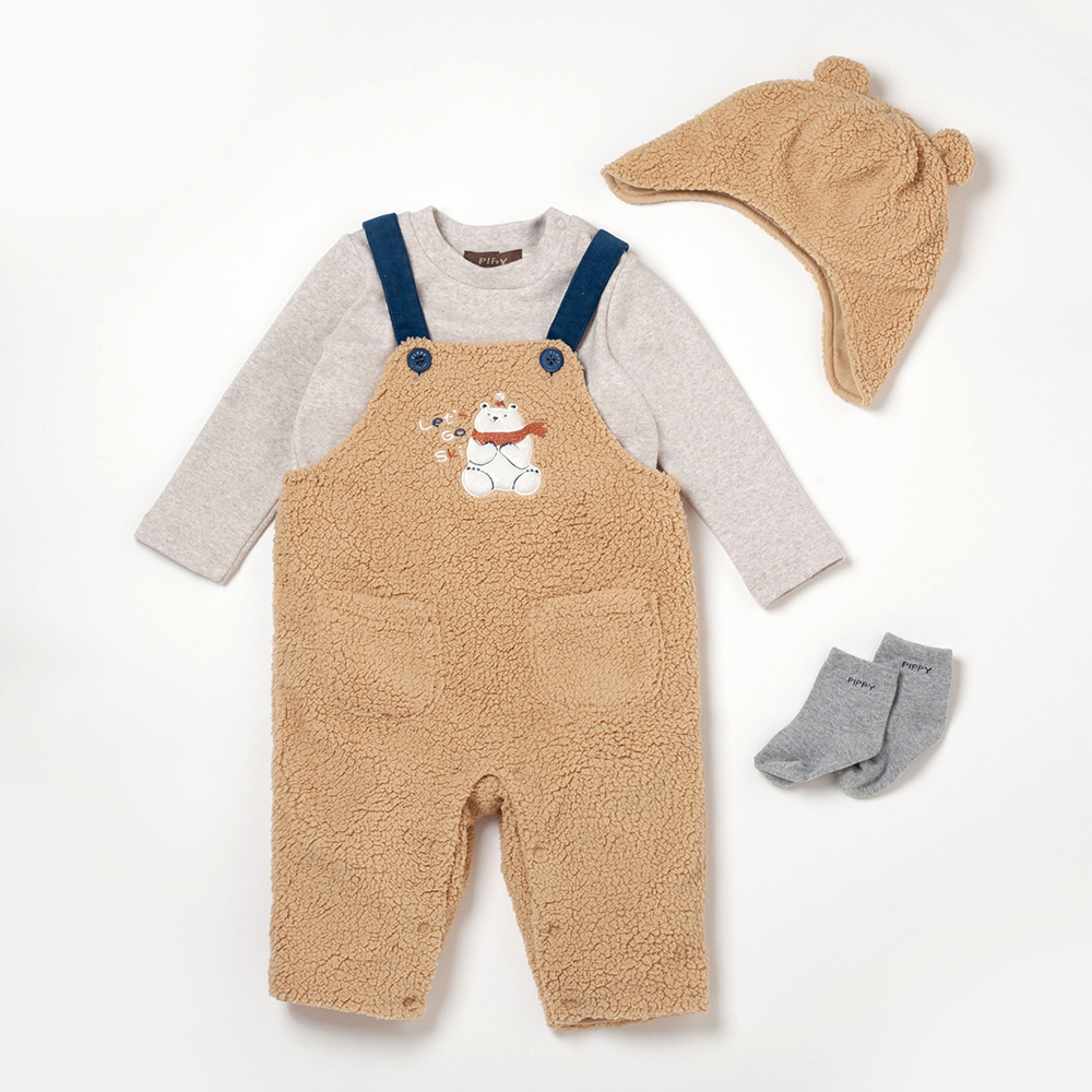 PIPPY小白熊棉質吊帶褲禮盒 卡其