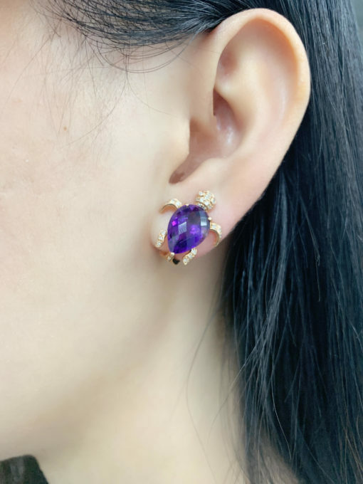 14K Rose Gold Amethyst Sea Turtle Diamond Earrings