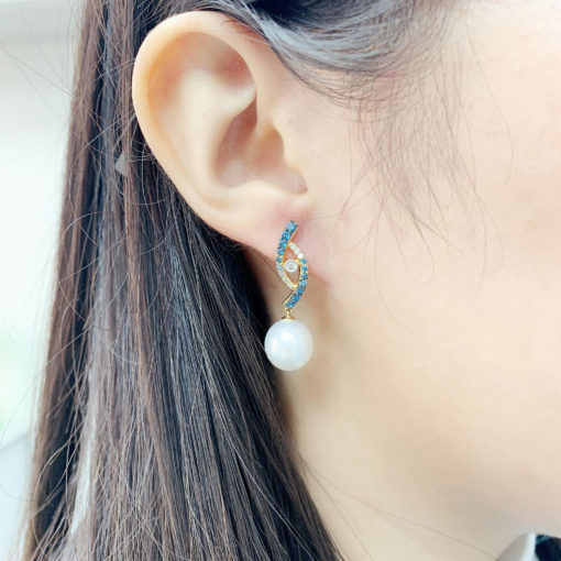 14K Yellow Gold South Sea Pearl Teal Blue Diamond Earrings