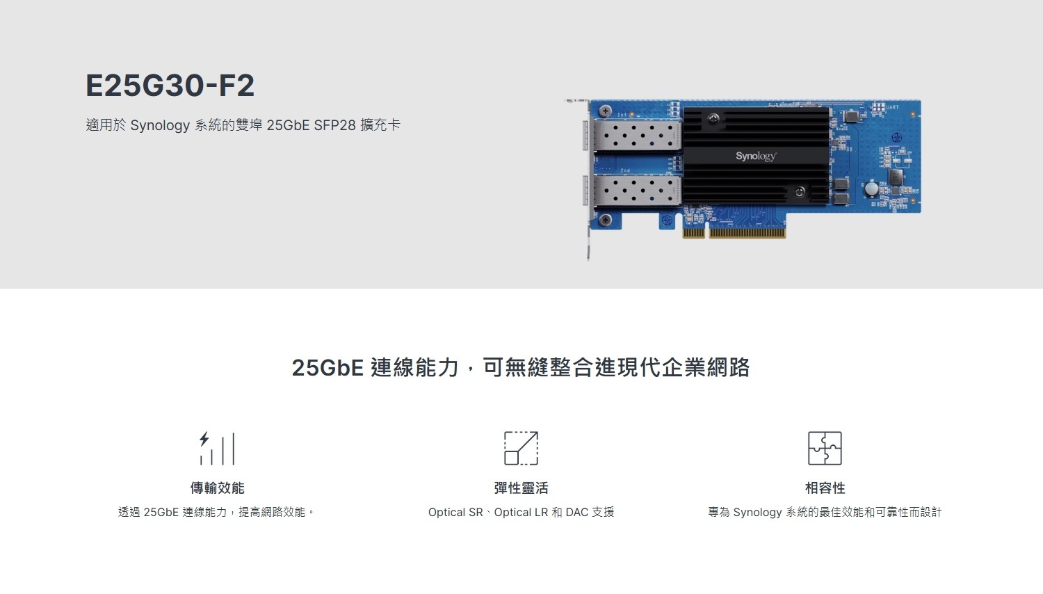 Synology E25G30-F2 雙埠25GbE SFP28 網路擴充卡(CL-25G30F2) Synology E25G30-F2 雙埠25GbE SFP28 網路擴充卡(CL-25G30F2)