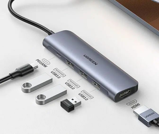 綠聯 Type-C集線器HDMI +USB 3.0*3 +PD Converter可同時連接多種設備