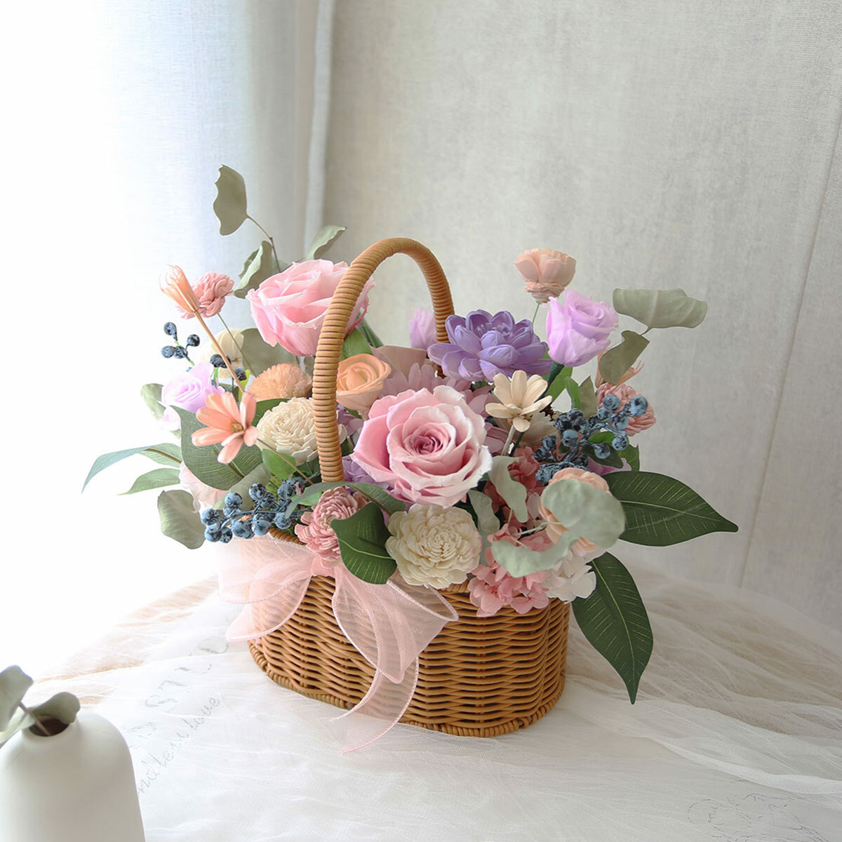 T34｜粉紫色系藤編花籃