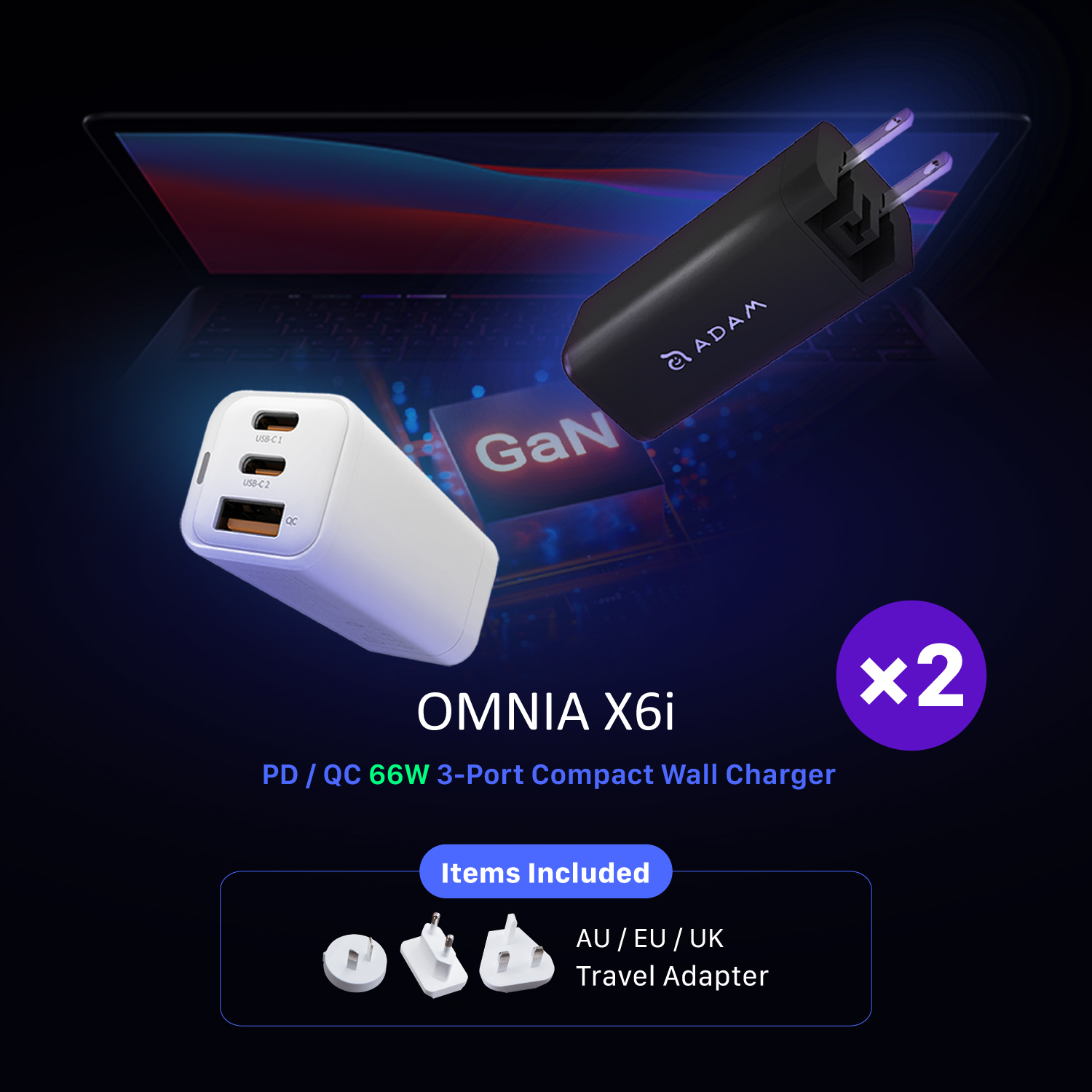 OMNIA X6i USB-C PD / QC 66W 3-Port Compact Wall Charger X2