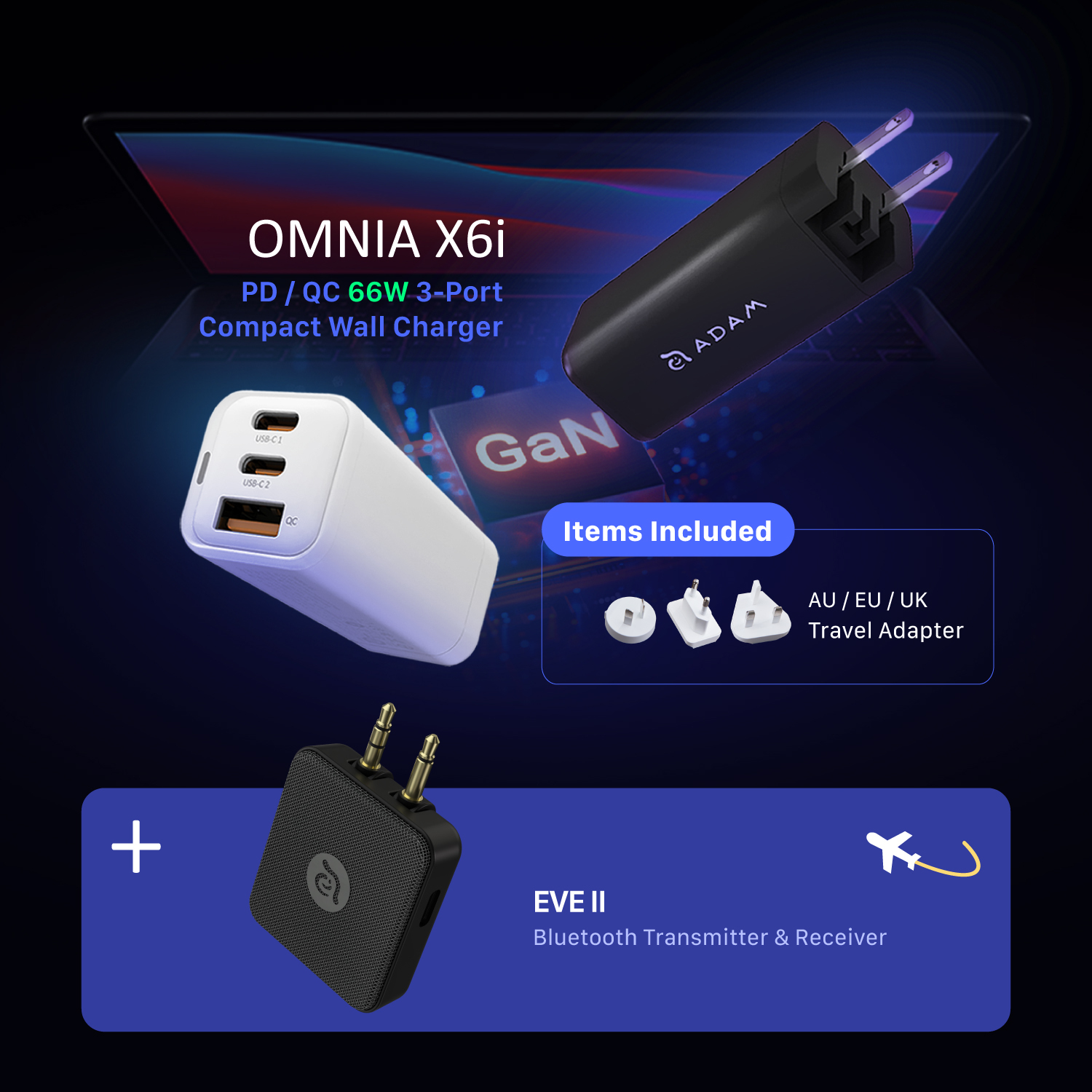OMNIA X6i USB-C PD / QC 66W 3-Port Compact Wall Charger + EVE II  Bluetooth Transmitter & Receiver