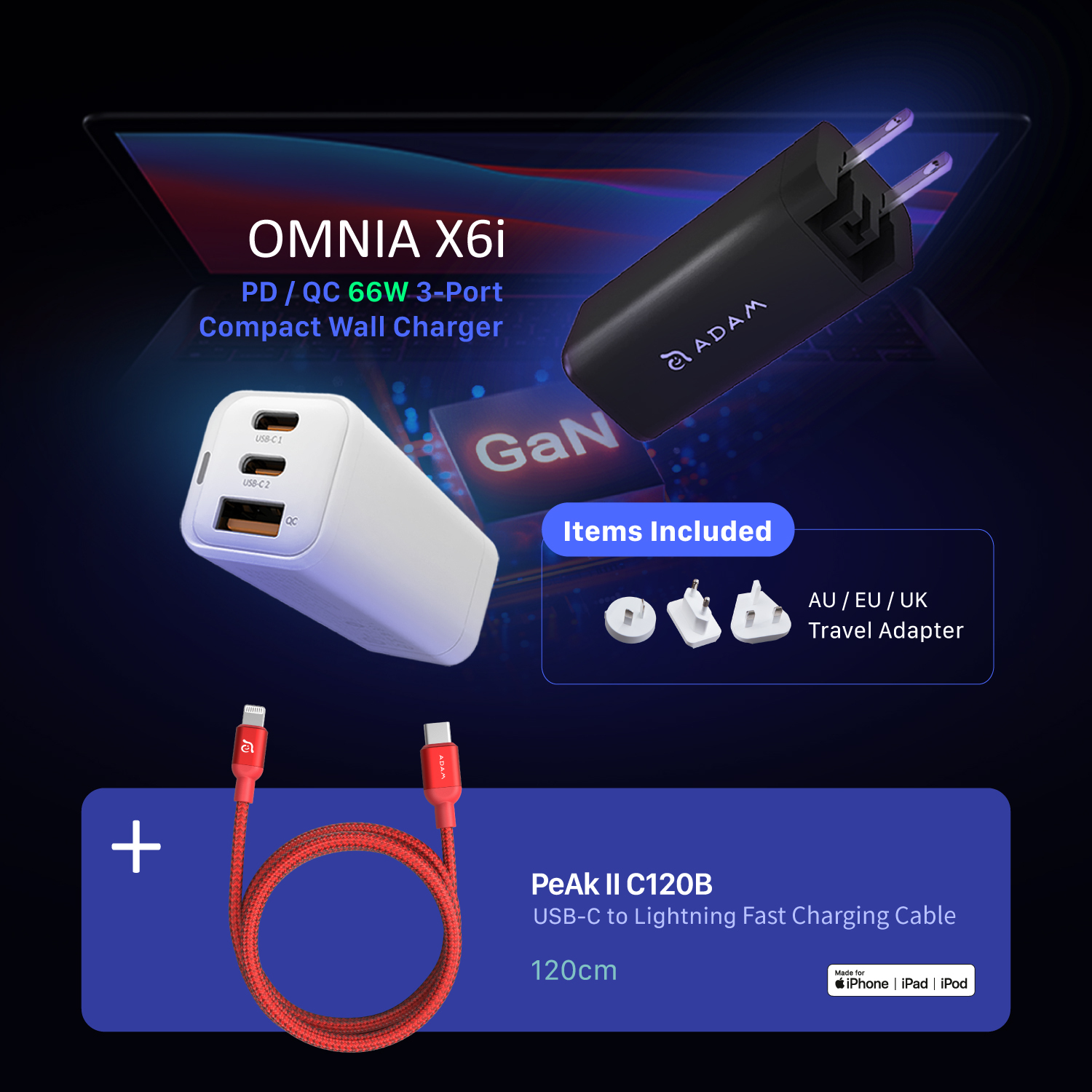 OMNIA X6i USB-C PD / QC 66W 3-Port Compact Wall Charger +  PeAk II C120B USB-C to Lightning Cable (1.2M)