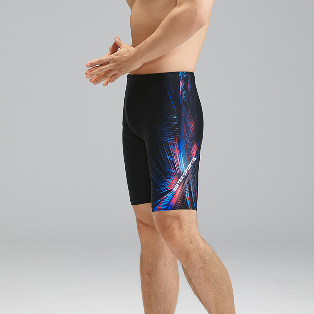 男士數碼印花 V-Cut 五分泳褲 - 黑/藍