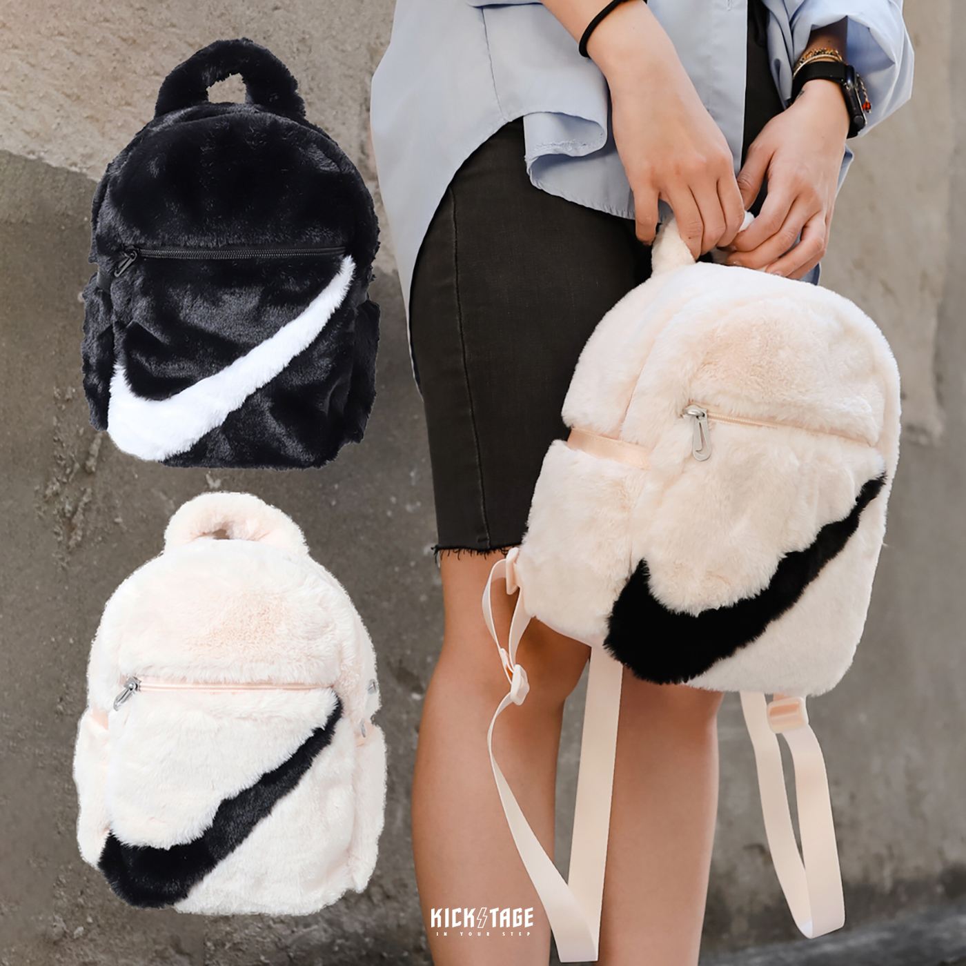 NIKE SPORTSWEAR ESSENTIALS 粉色 黑色 毛絨 仿兔毛 小包 後背包【FB3049】