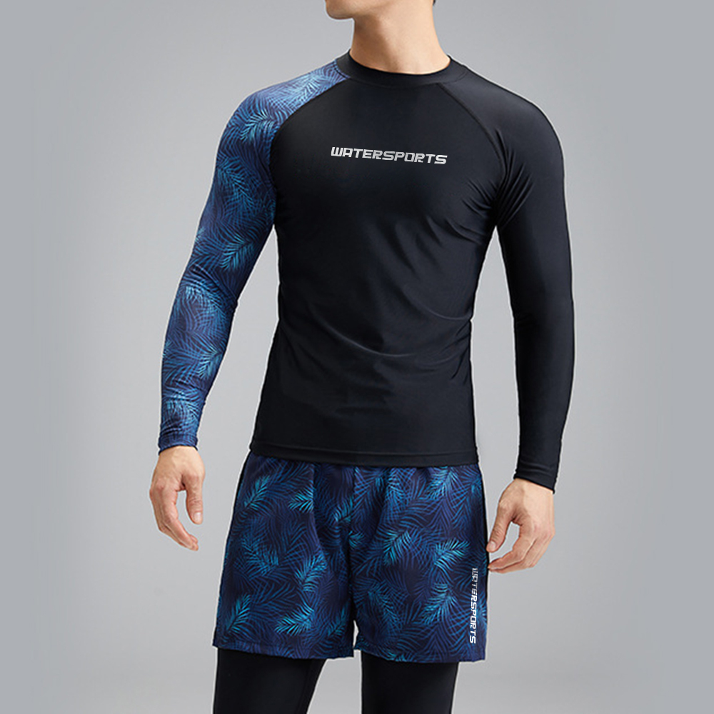 中性棕櫚印花長袖游泳防曬上衣 - 黑/深藍